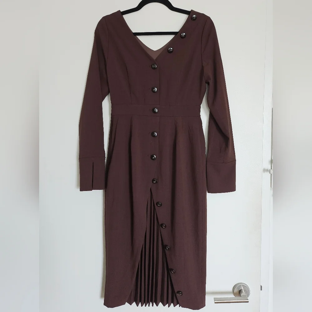 Rienda Japan Onee Gyaru Fitted Brown Dress Back Buttons And Pleated Panel - Picture 9 of 16
